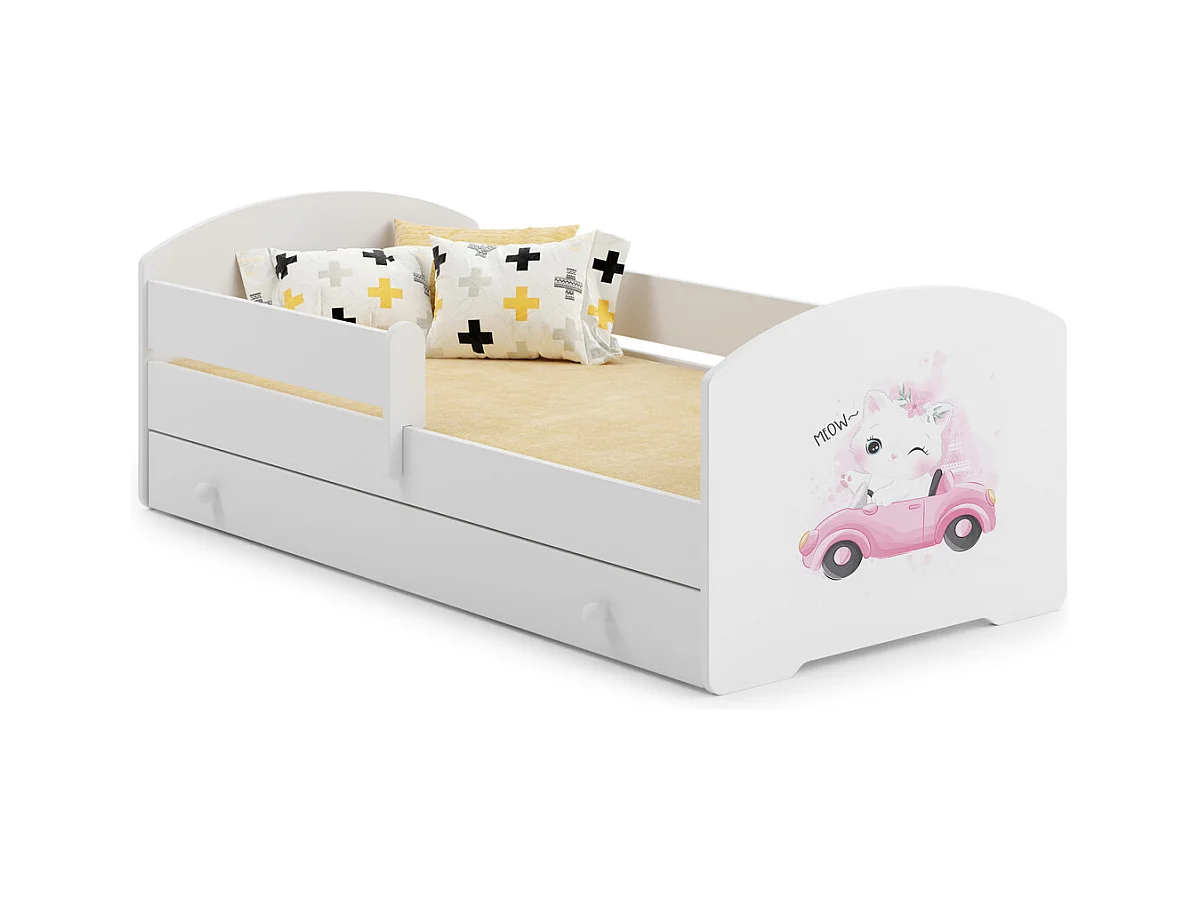 Cama Infantil Blanca Estilo Escandinavo Dibujo Gato 140x70 cm con Cajón – Incluye Colchón de Espuma, Base y Estructura Completa