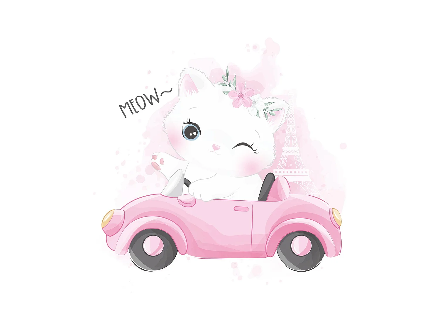 Cama Infantil Blanca Estilo Escandinavo Dibujo Gato 140x70 cm con Cajón – Incluye Colchón de Espuma, Base y Estructura Completa