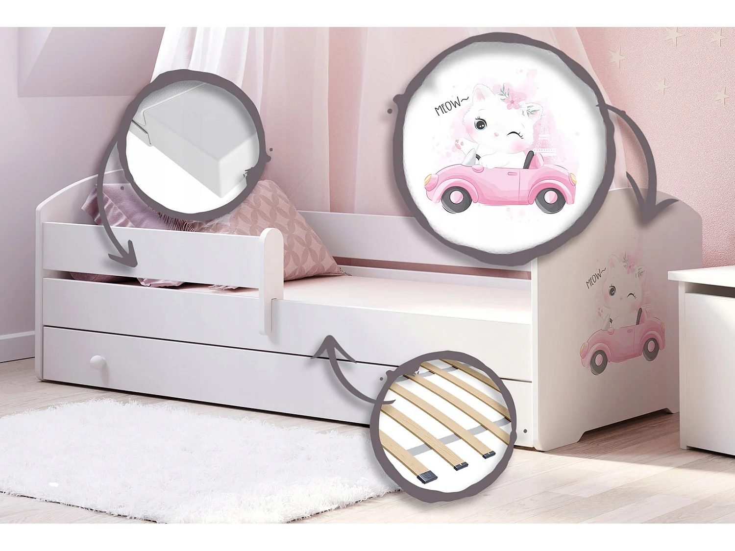 Cama Infantil Blanca Estilo Escandinavo Dibujo Gato 140x70 cm con Cajón – Incluye Colchón de Espuma, Base y Estructura Completa