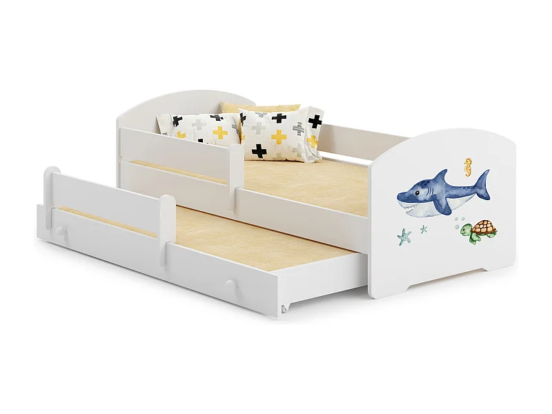 Cama Doble Infantil Blanca Dibujo Tiburón Con Barandillas 160x80 cm con Cama Inferior 145x80 cm – Incluye 2 Colchones y Estructuras
