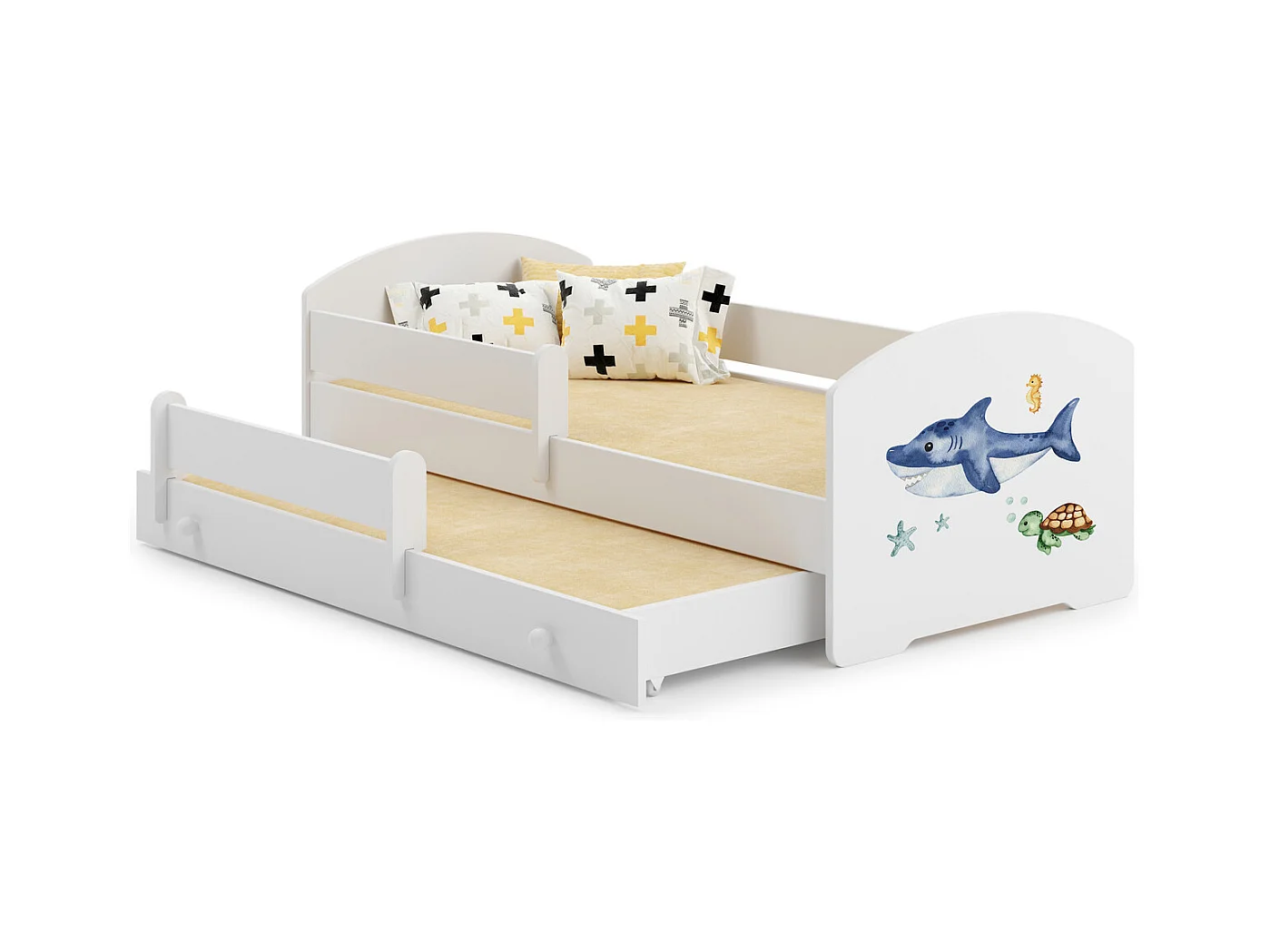 Cama Doble Infantil Blanca Dibujo Tiburón Con Barandillas 160x80 cm con Cama Inferior 145x80 cm – Incluye 2 Colchones y Estructuras