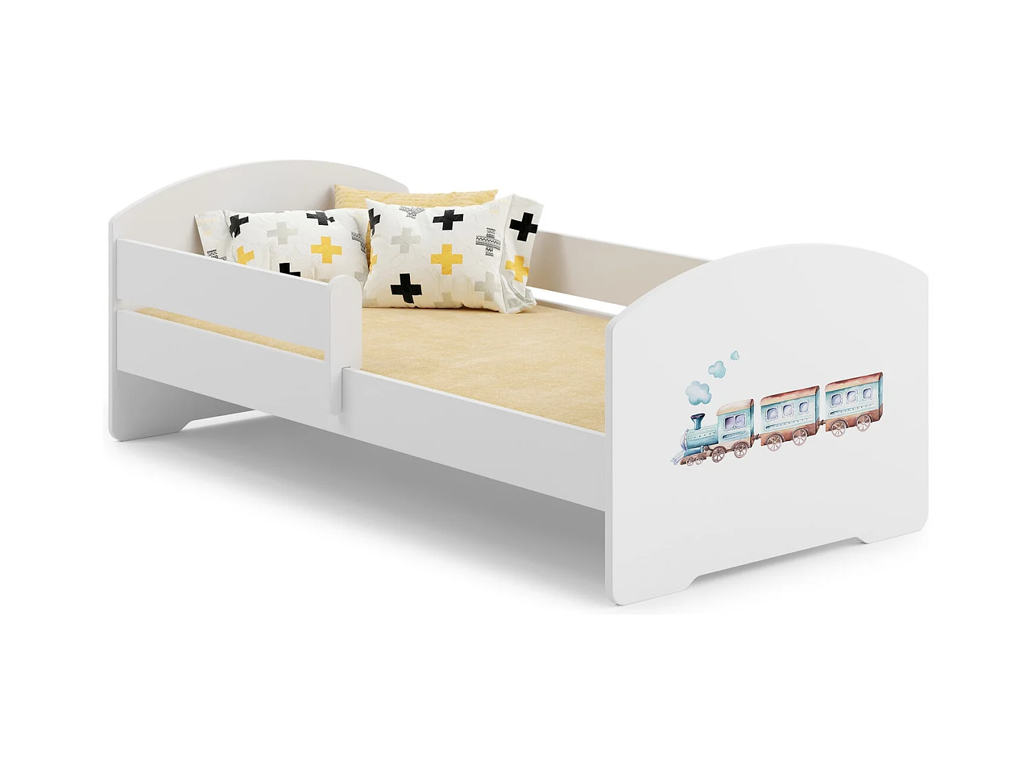 Cama Infantil Blanca 140x70 cm Dibujo Tren con Barandilla – Incluye Colchón de Espuma y Estructura Completa, Dimensiones 144 cm x77 cm x56 cm