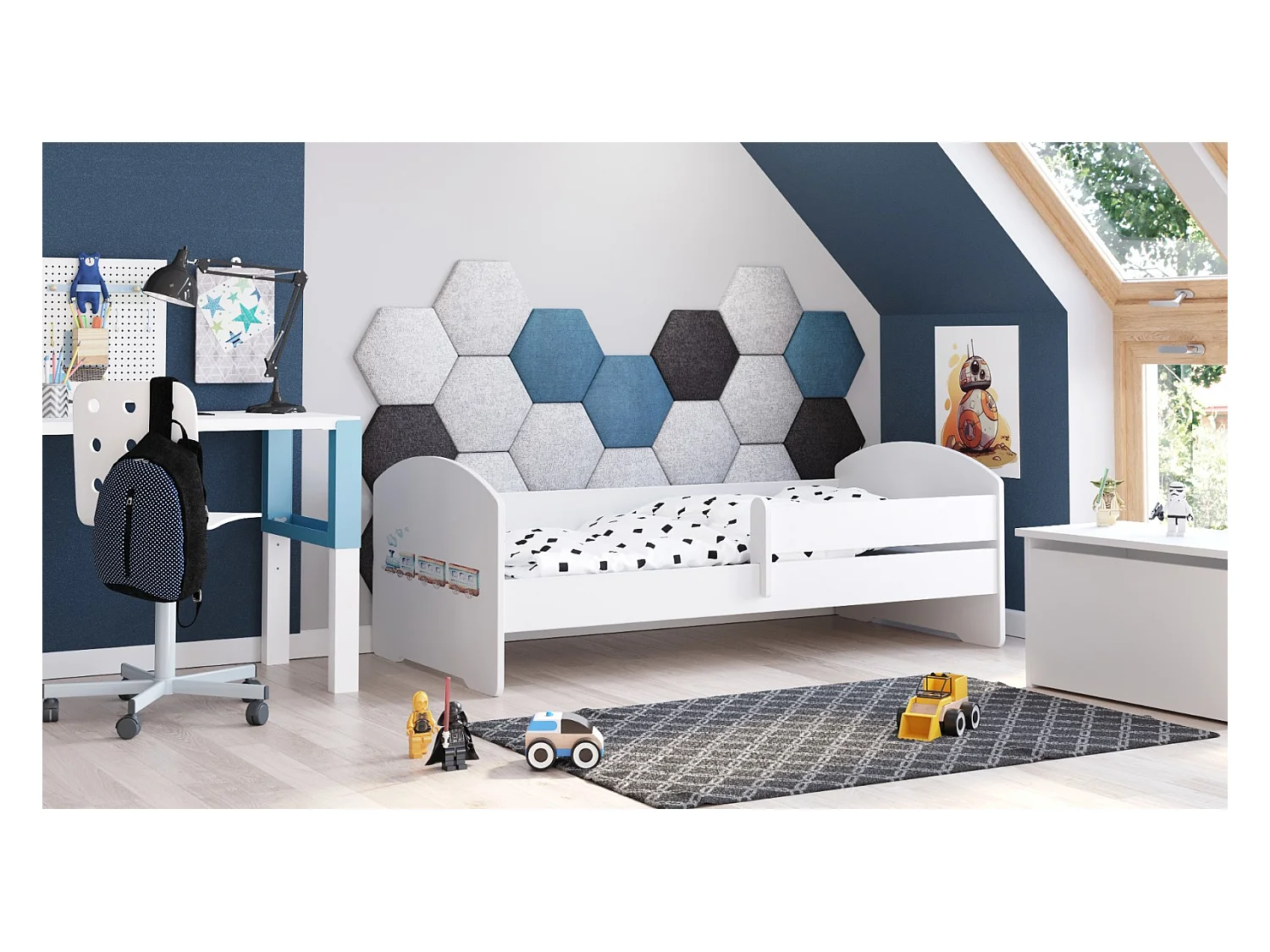 Cama Infantil Blanca 140x70 cm Dibujo Tren con Barandilla – Incluye Colchón de Espuma y Estructura Completa, Dimensiones 144 cm x77 cm x56 cm