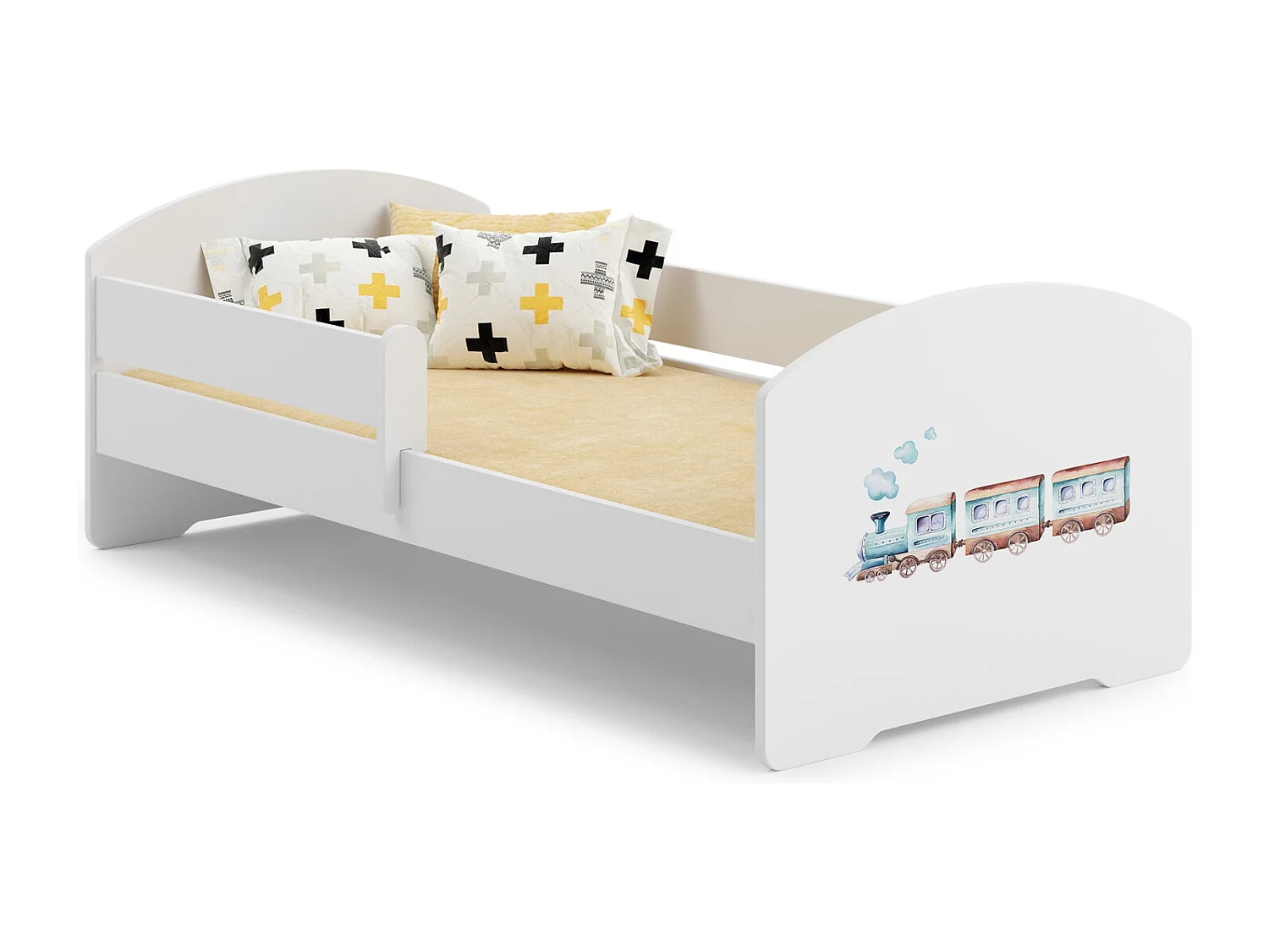 Cama Infantil Blanca 140x70 cm Dibujo Tren con Barandilla – Incluye Colchón de Espuma y Estructura Completa, Dimensiones 144 cm x77 cm x56 cm