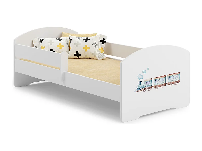 Cama Infantil Blanca 140x70 cm Dibujo Tren con Barandilla – Incluye Colchón de Espuma y Estructura Completa, Dimensiones 144 cm x77 cm x56 cm