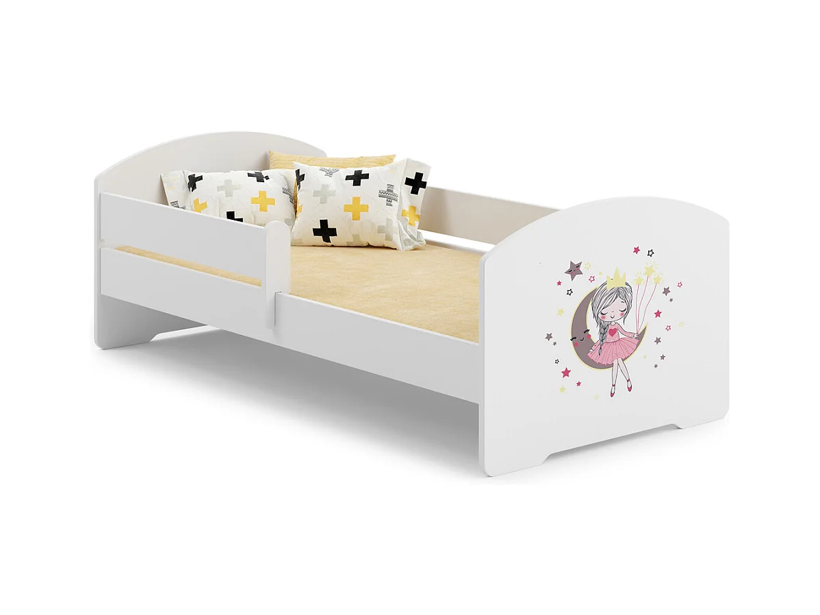 Cama Infantil Blanca 140x70 cm Dibujo Princesa durmiente con Barandilla – Incluye Colchón de Espuma y Estructura Completa, Dimen: 144 cm x77 cm x56 cm