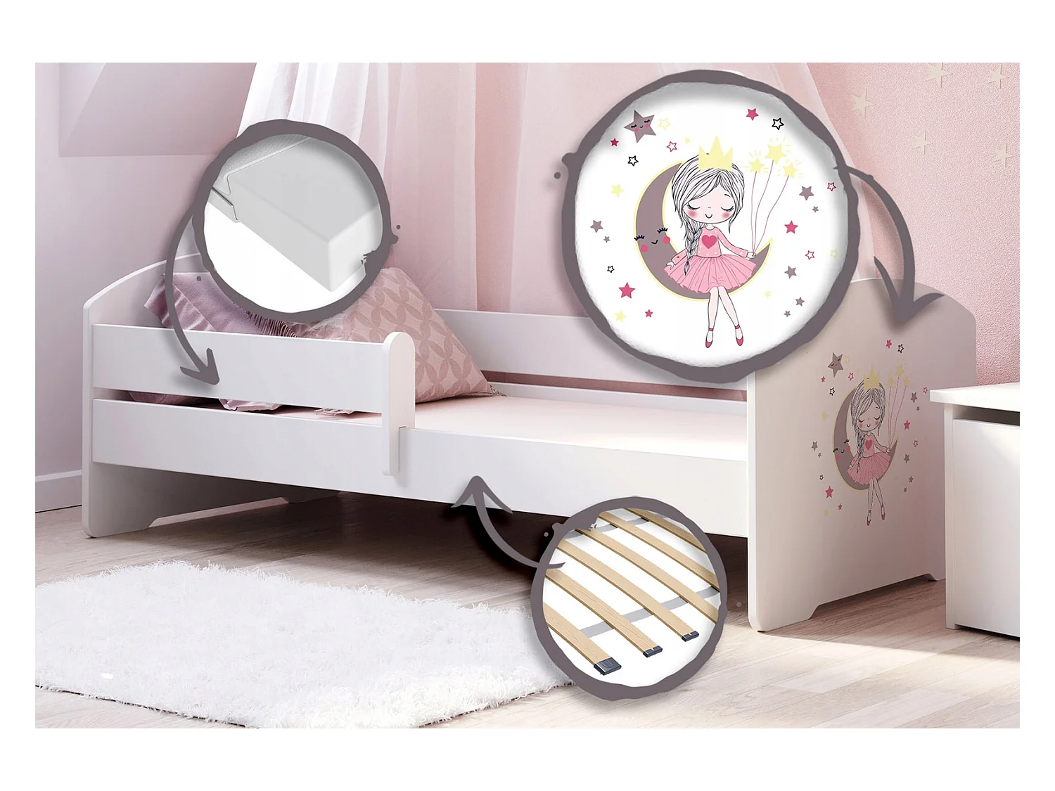 Cama Infantil Blanca 140x70 cm Dibujo Princesa durmiente con Barandilla – Incluye Colchón de Espuma y Estructura Completa, Dimen: 144 cm x77 cm x56 cm