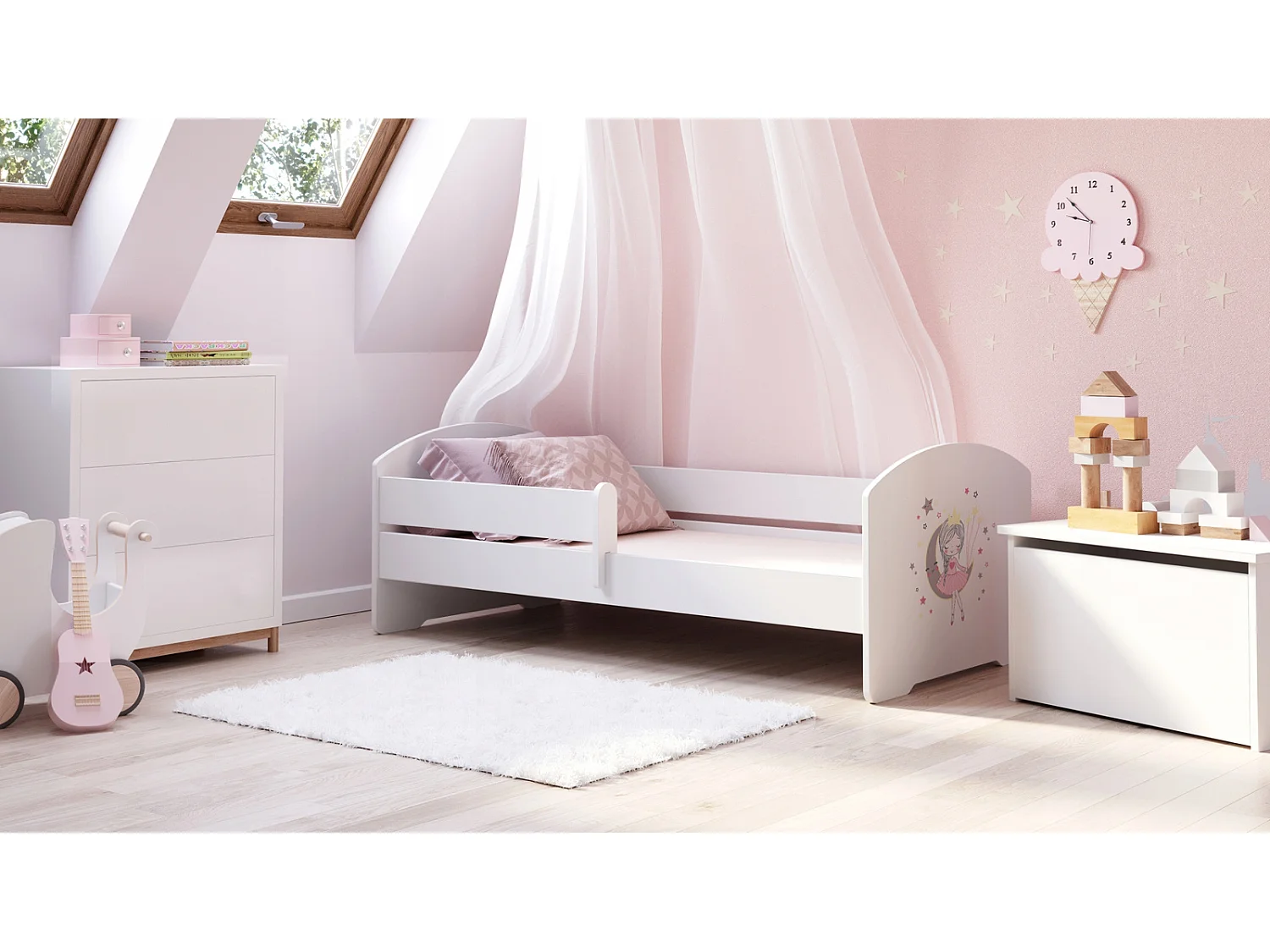 Cama Infantil Blanca 140x70 cm Dibujo Princesa durmiente con Barandilla – Incluye Colchón de Espuma y Estructura Completa, Dimen: 144 cm x77 cm x56 cm