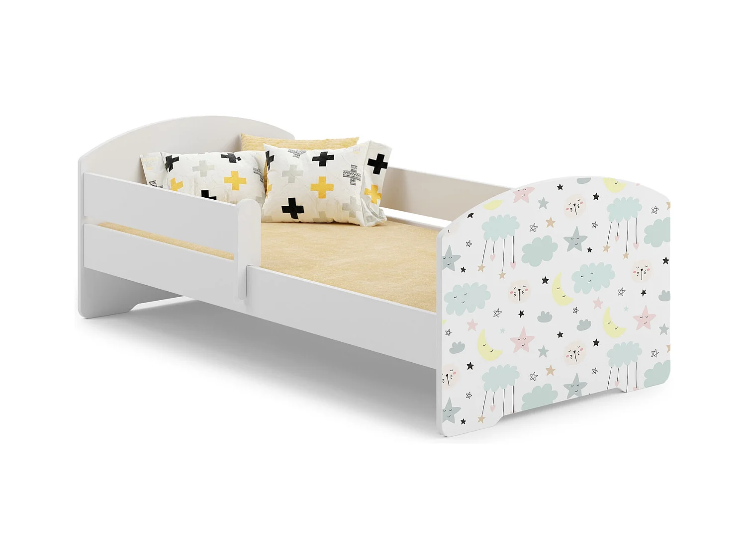 Cama Infantil Blanca 160x80 cm Dibujo Estrellas con Barandilla – Incluye Colchón de Espuma y Estructura Completa, Dimensiones 164x88x63 cm