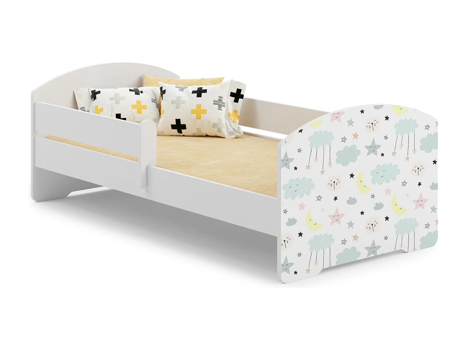 Cama Infantil Blanca 160x80 cm Dibujo Estrellas con Barandilla – Incluye Colchón de Espuma y Estructura Completa, Dimensiones 164x88x63 cm
