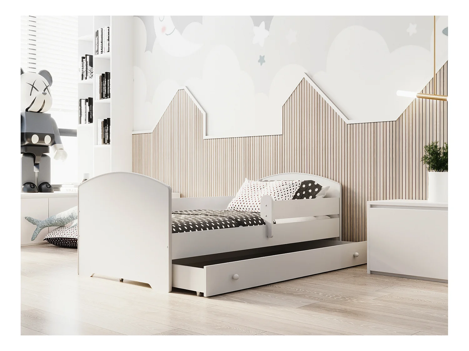 Cama Infantil Blanca Estilo Escandinavo 180x80 cm con Cajón – Incluye Colchón de Espuma, Base y Estructura Completa, Diseño Funcional y Compacto