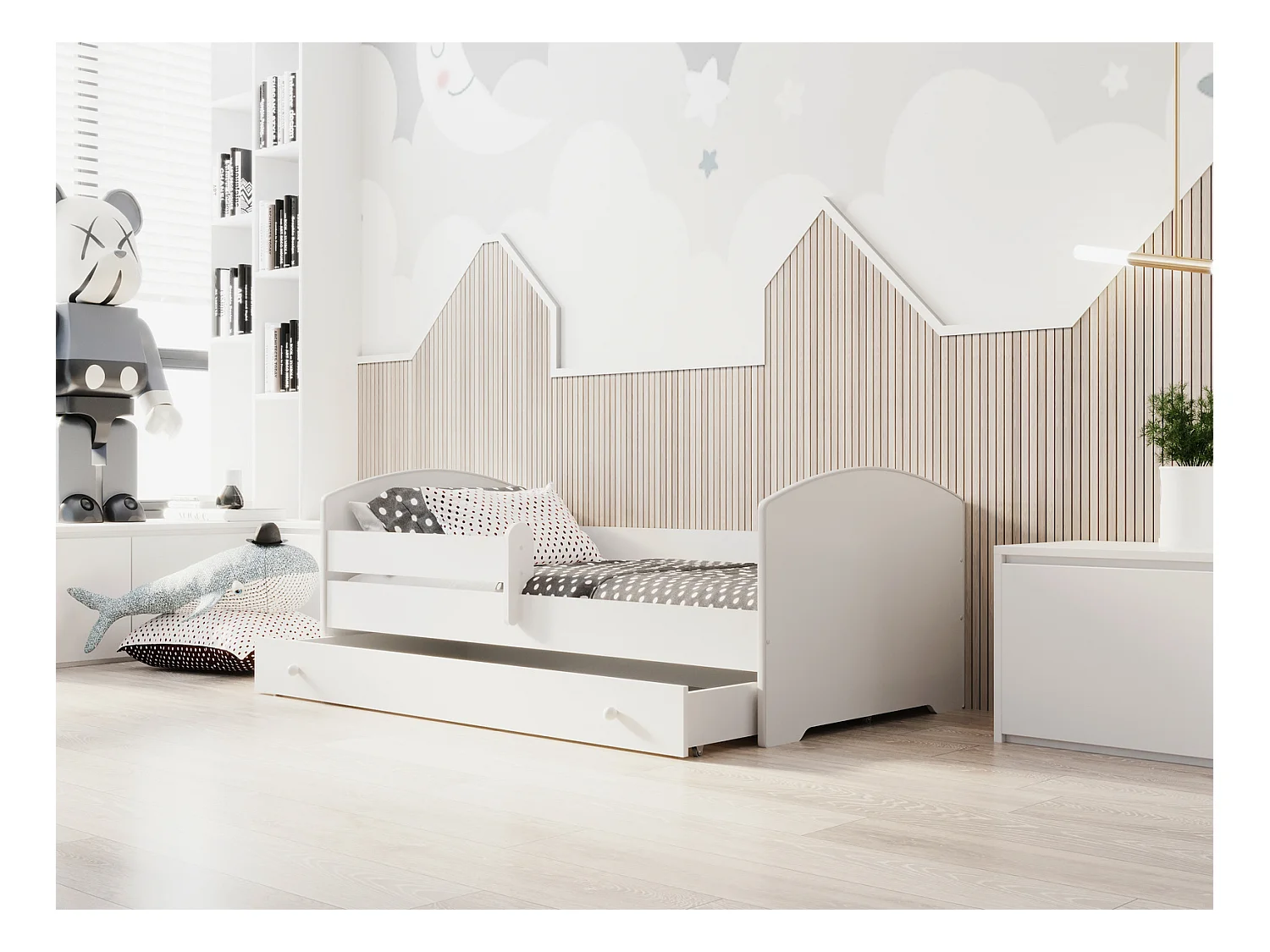 Cama Infantil Blanca Estilo Escandinavo 180x80 cm con Cajón – Incluye Colchón de Espuma, Base y Estructura Completa, Diseño Funcional y Compacto