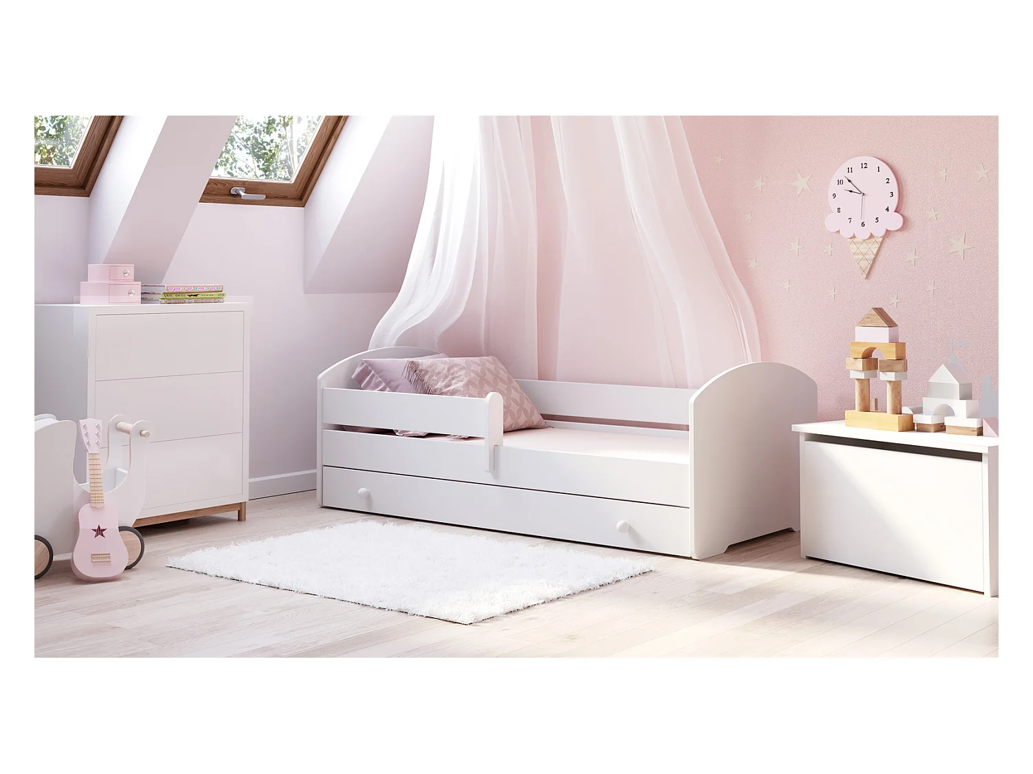 Cama Infantil Blanca Estilo Escandinavo 180x80 cm con Cajón – Incluye Colchón de Espuma, Base y Estructura Completa, Diseño Funcional y Compacto