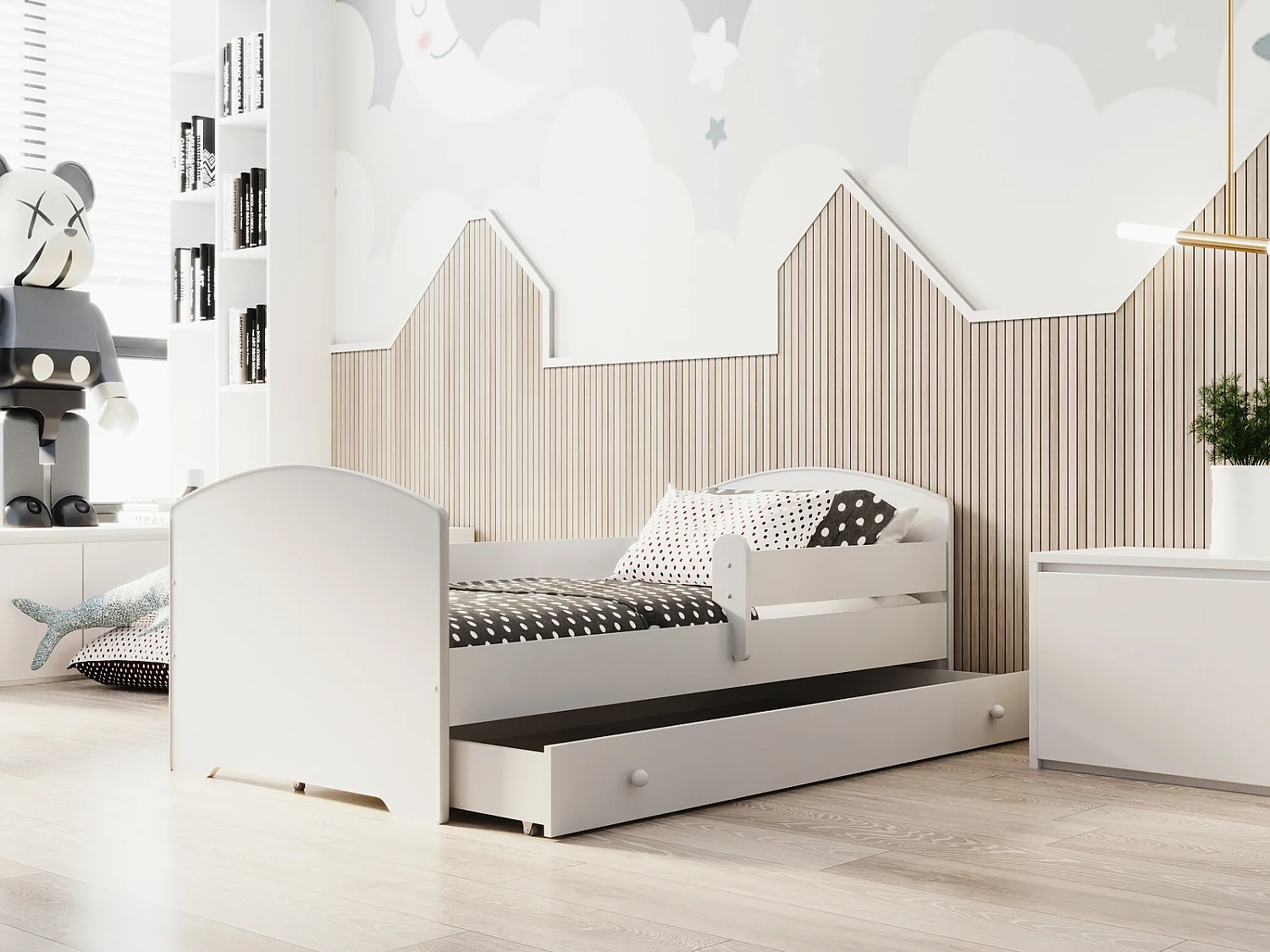 Cama Infantil Blanca Estilo Escandinavo 180x80 cm con Cajón – Incluye Colchón de Espuma, Base y Estructura Completa, Diseño Funcional y Compacto