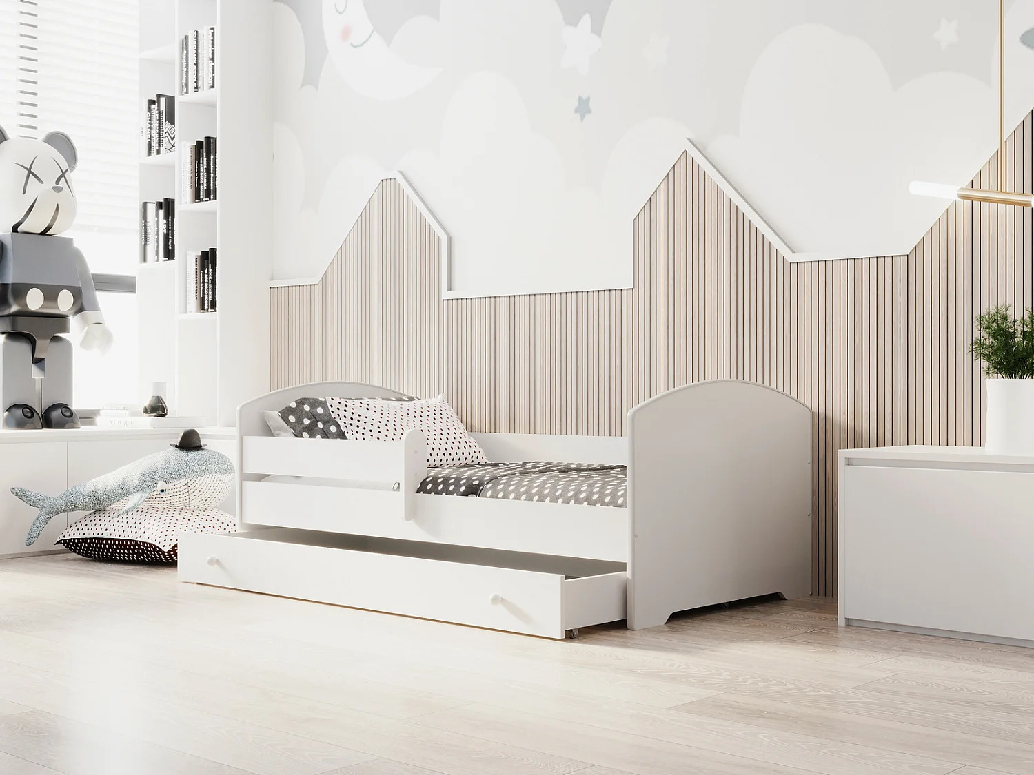 Cama Infantil Blanca Estilo Escandinavo 180x80 cm con Cajón – Incluye Colchón de Espuma, Base y Estructura Completa, Diseño Funcional y Compacto
