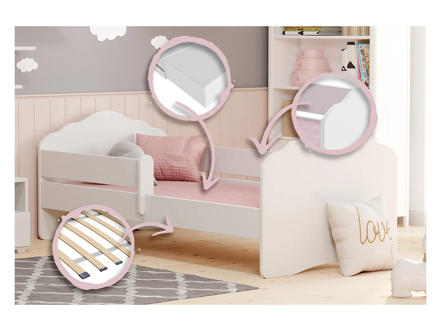 Cama Infantil Blanca 140x70 cm con Barandilla – Incluye Colchón de Espuma, Estructura Completa 144x78x65 cm, Diseño Seguro y Funcional