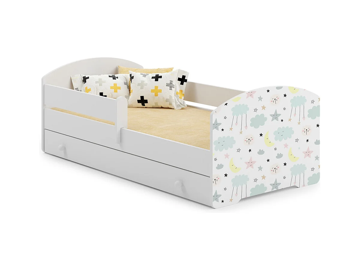 Cama Infantil Blanca Estilo Escandinavo Dibujo Estrellas 140x70 cm con Cajón – Incluye Colchón de Espuma, Base y Estructura Completa