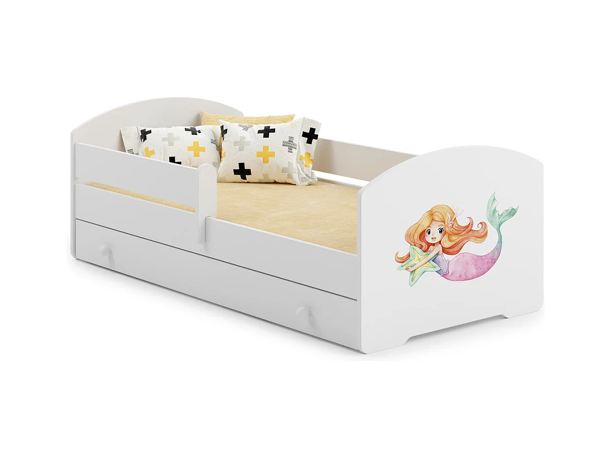 Cama Infantil Blanca Estilo Escandinavo Dibujo Sirena 160x80 cm con Cajón – Incluye Colchón de Espuma, Base y Estructura Completa