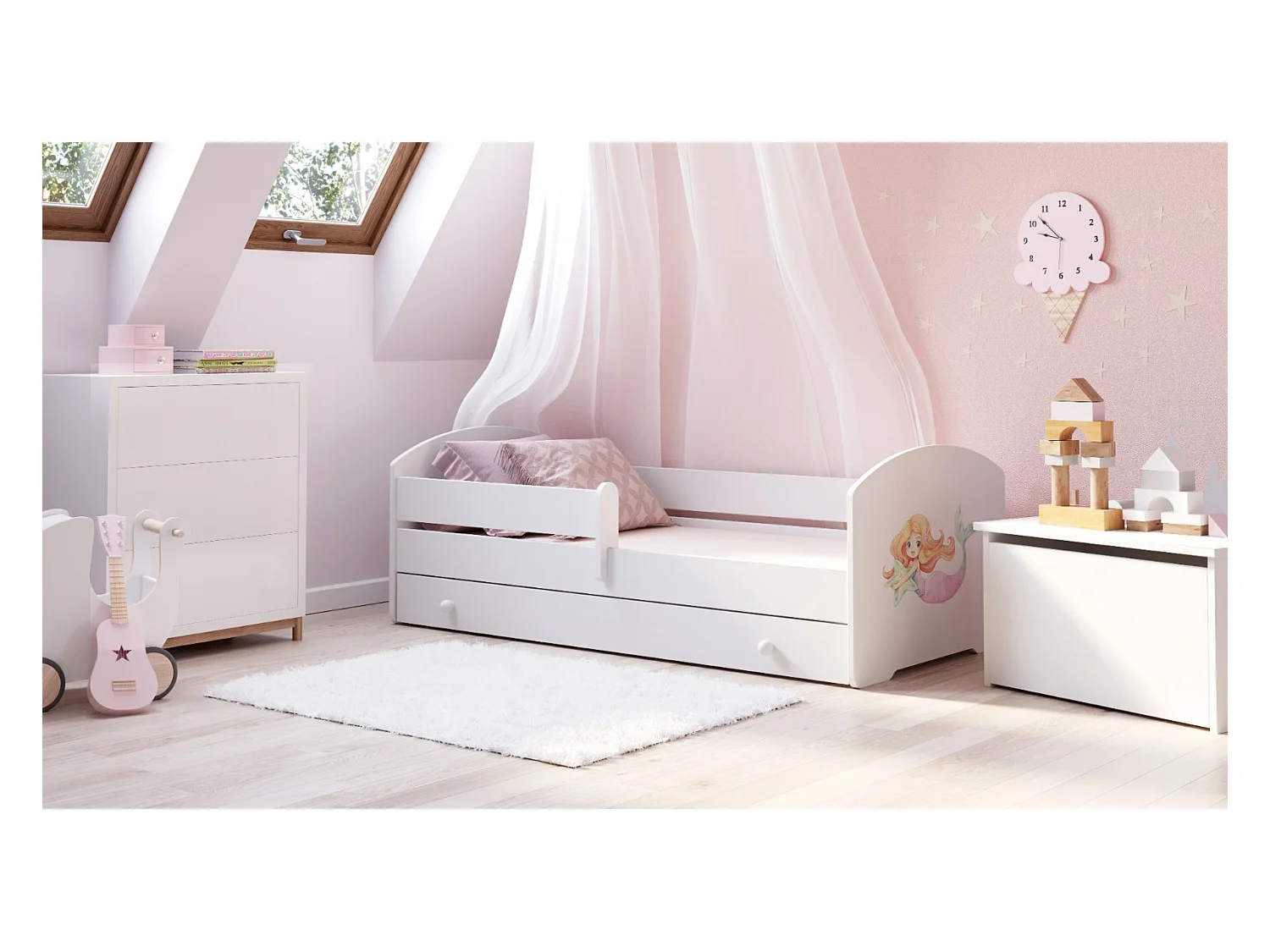 Cama Infantil Blanca Estilo Escandinavo Dibujo Sirena 160x80 cm con Cajón – Incluye Colchón de Espuma, Base y Estructura Completa
