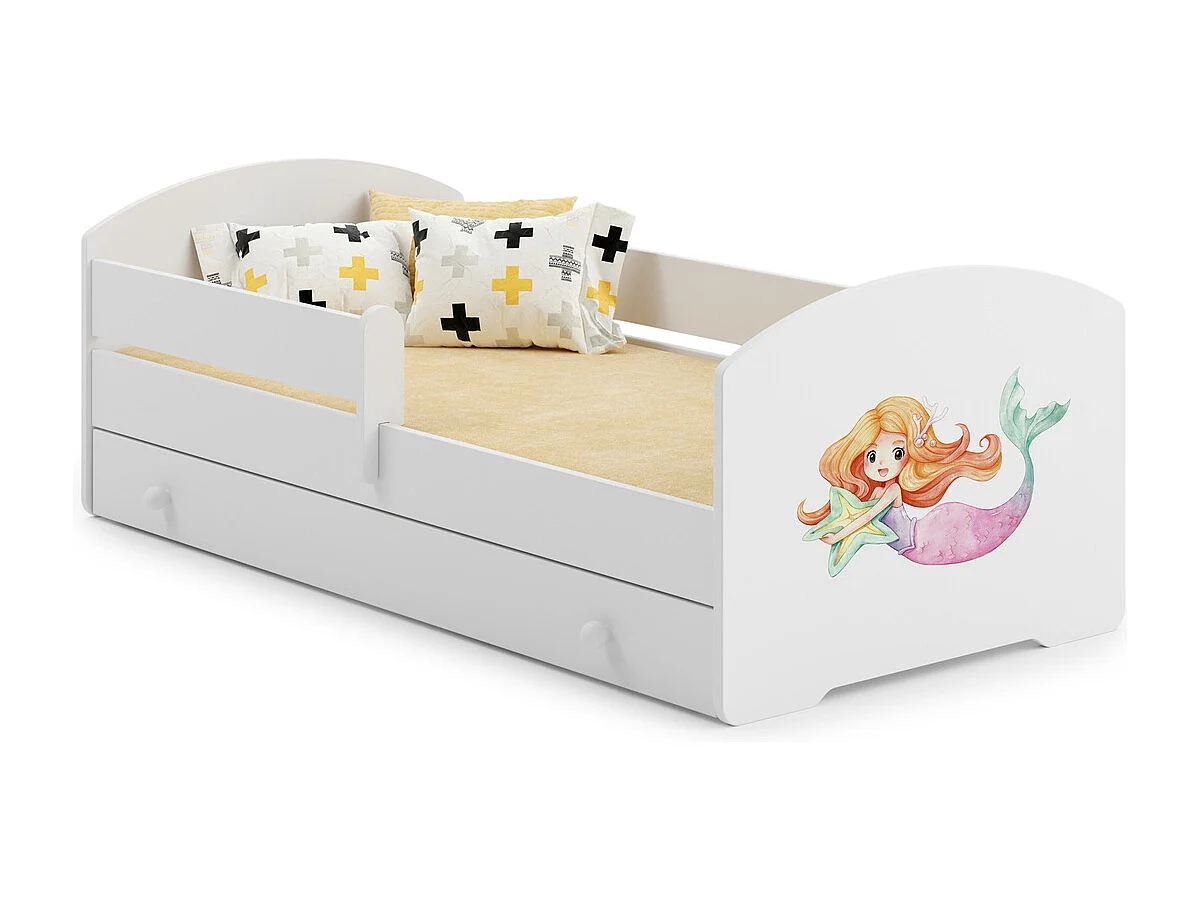 Cama Infantil Blanca Estilo Escandinavo Dibujo Sirena 160x80 cm con Cajón – Incluye Colchón de Espuma, Base y Estructura Completa