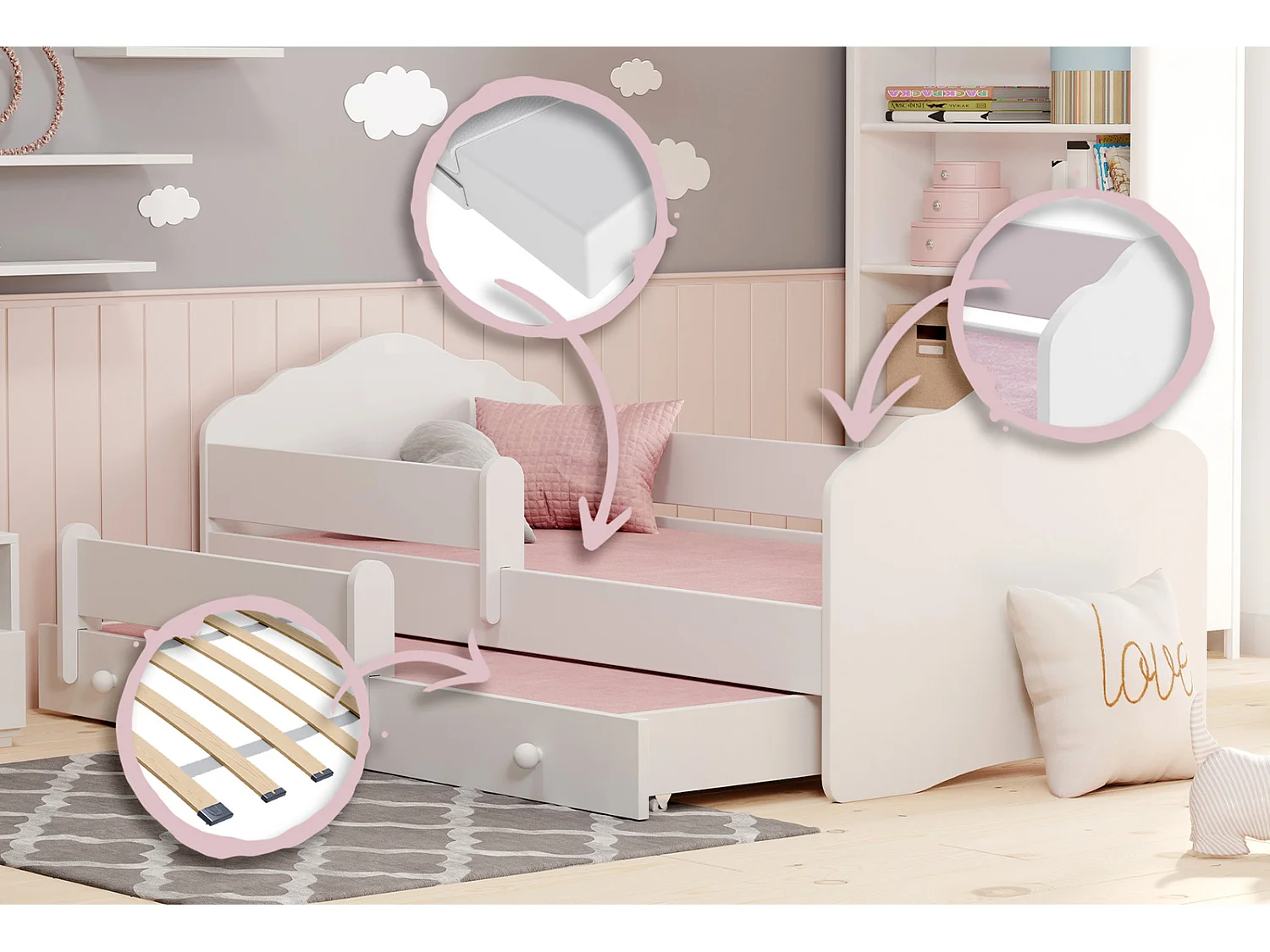 Cama Doble Infantil Blanca 160x80 cm con Barandilla – Cama Inferior 145x80 cm, Incluye 2 Colchones de Espuma y Estructura Completa, Diseño Seguro