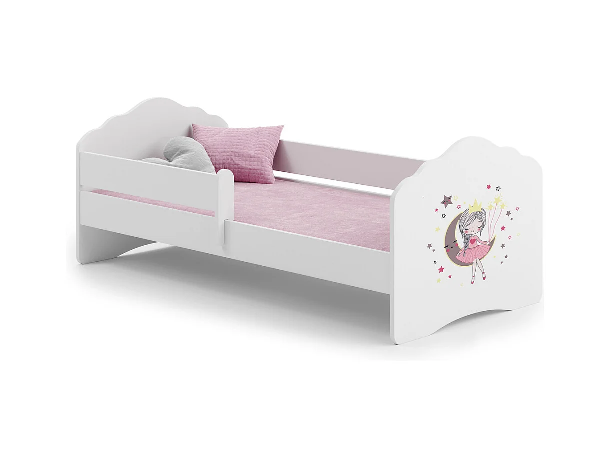 Cama Infantil Blanca 140x70 cm Dibujo Princesa Durmiente con Barandilla – Incluye Colchón de Espuma, Estructura Completa 144x78x65 cm, Diseño Seguro