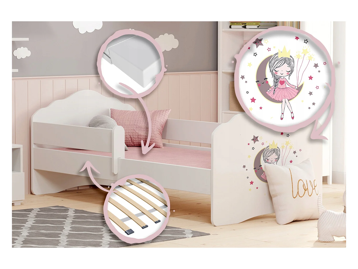 Cama Infantil Blanca 140x70 cm Dibujo Princesa Durmiente con Barandilla – Incluye Colchón de Espuma, Estructura Completa 144x78x65 cm, Diseño Seguro