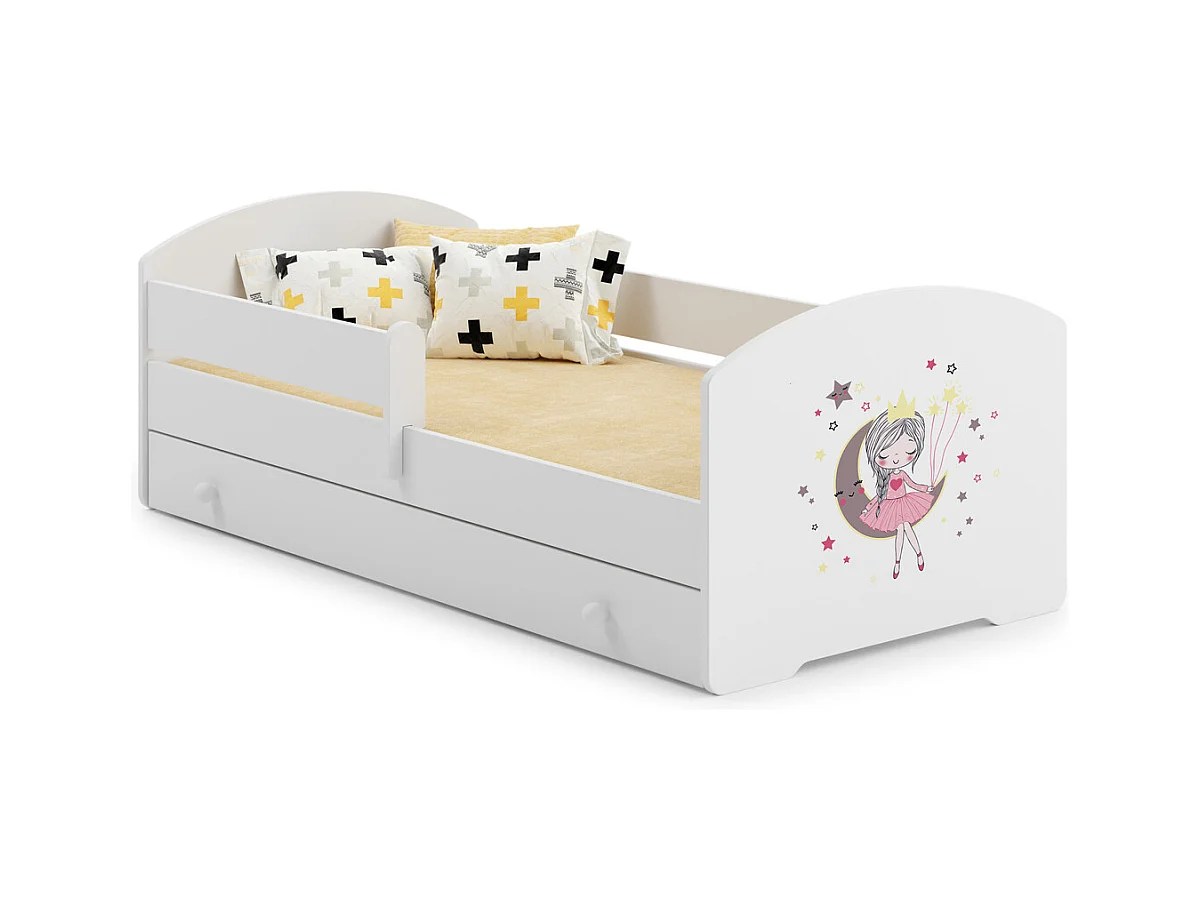 Cama Infantil Blanca Estilo Escandinavo Dibujo Princesa Durmiente 140x70 cm con Cajón – Incluye Colchón de Espuma, Base y Estructura Completa