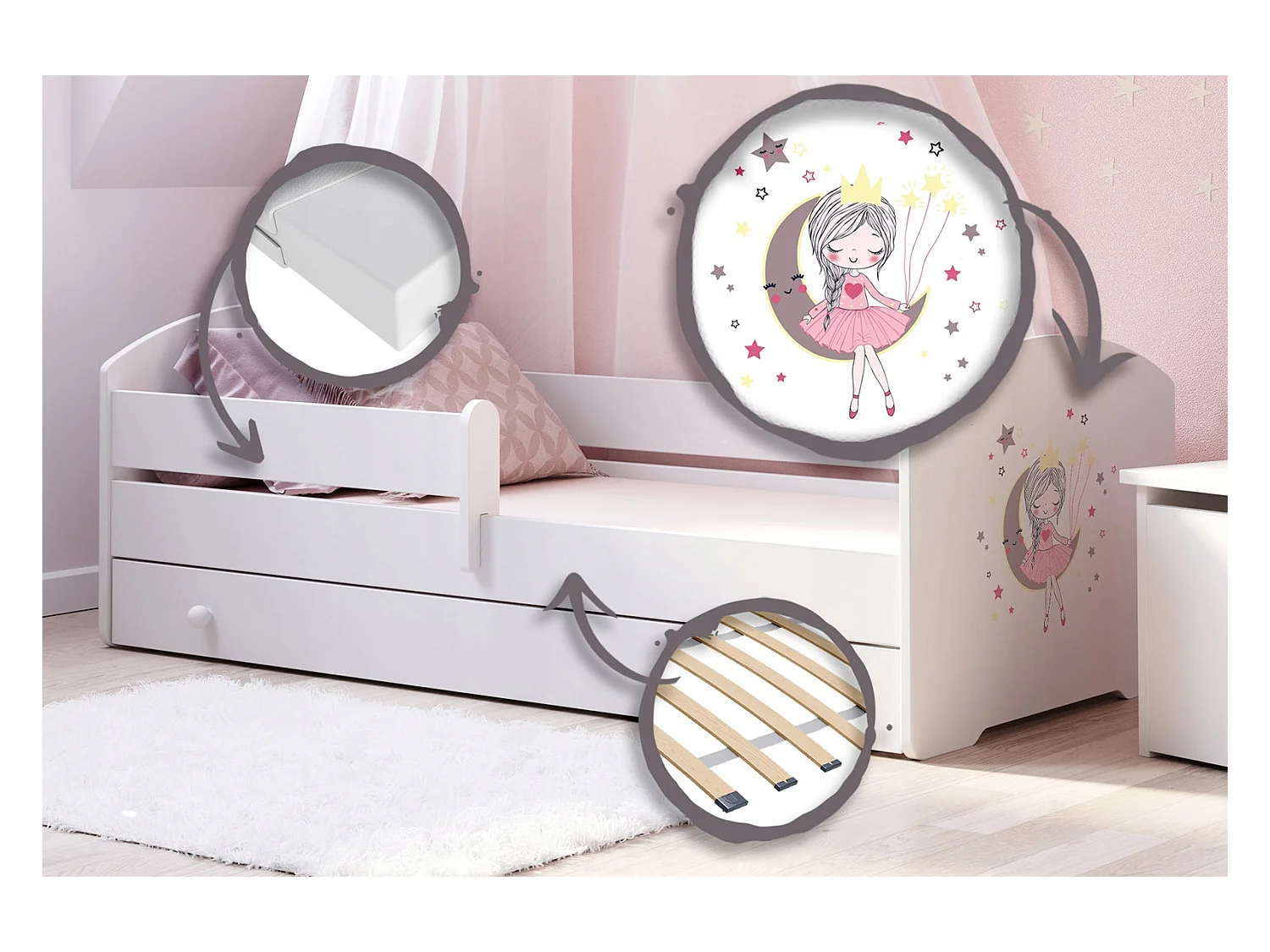 Cama Infantil Blanca Estilo Escandinavo Dibujo Princesa Durmiente 140x70 cm con Cajón – Incluye Colchón de Espuma, Base y Estructura Completa