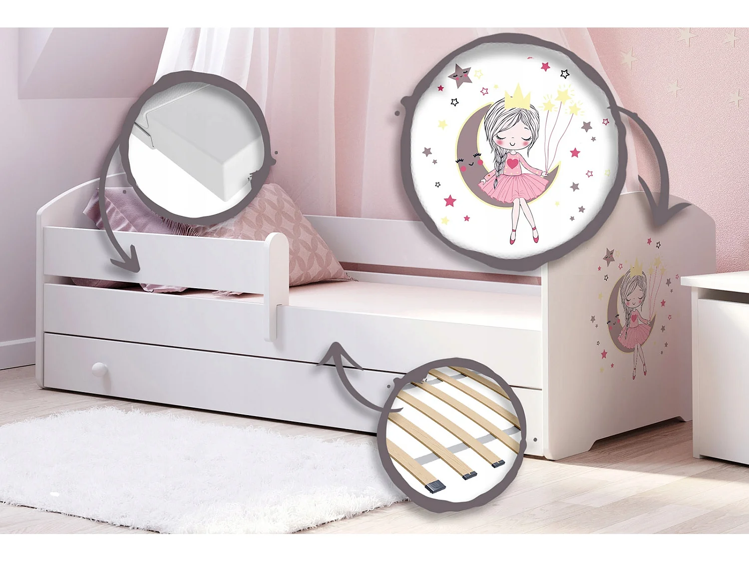 Cama Infantil Blanca Estilo Escandinavo Dibujo Princesa Durmiente 140x70 cm con Cajón – Incluye Colchón de Espuma, Base y Estructura Completa