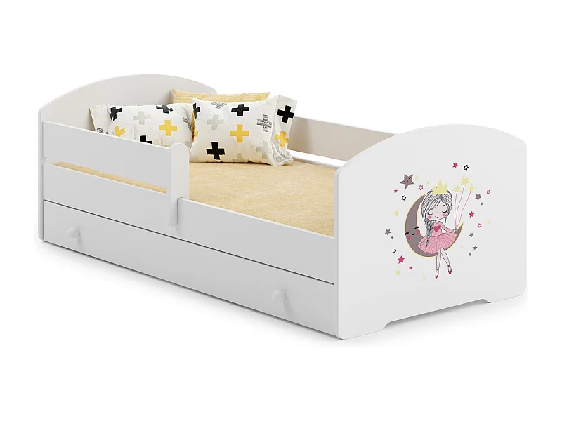 Cama Infantil Blanca Estilo Escandinavo Dibujo Princesa Durmiente 140x70 cm con Cajón – Incluye Colchón de Espuma, Base y Estructura Completa