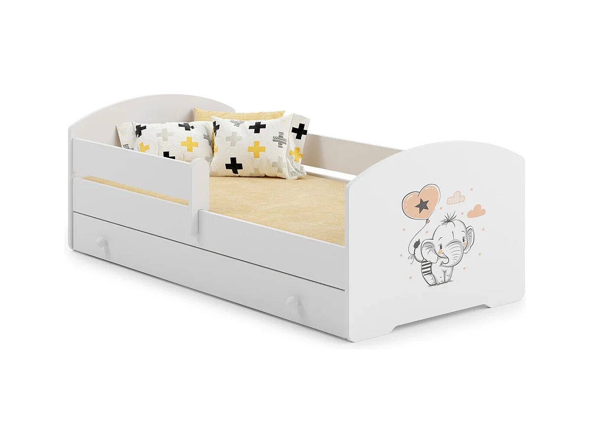Cama Infantil Blanca Estilo Escandinavo Dibujo Elefante 140x70 cm con Cajón – Incluye Colchón de Espuma, Base y Estructura Completa