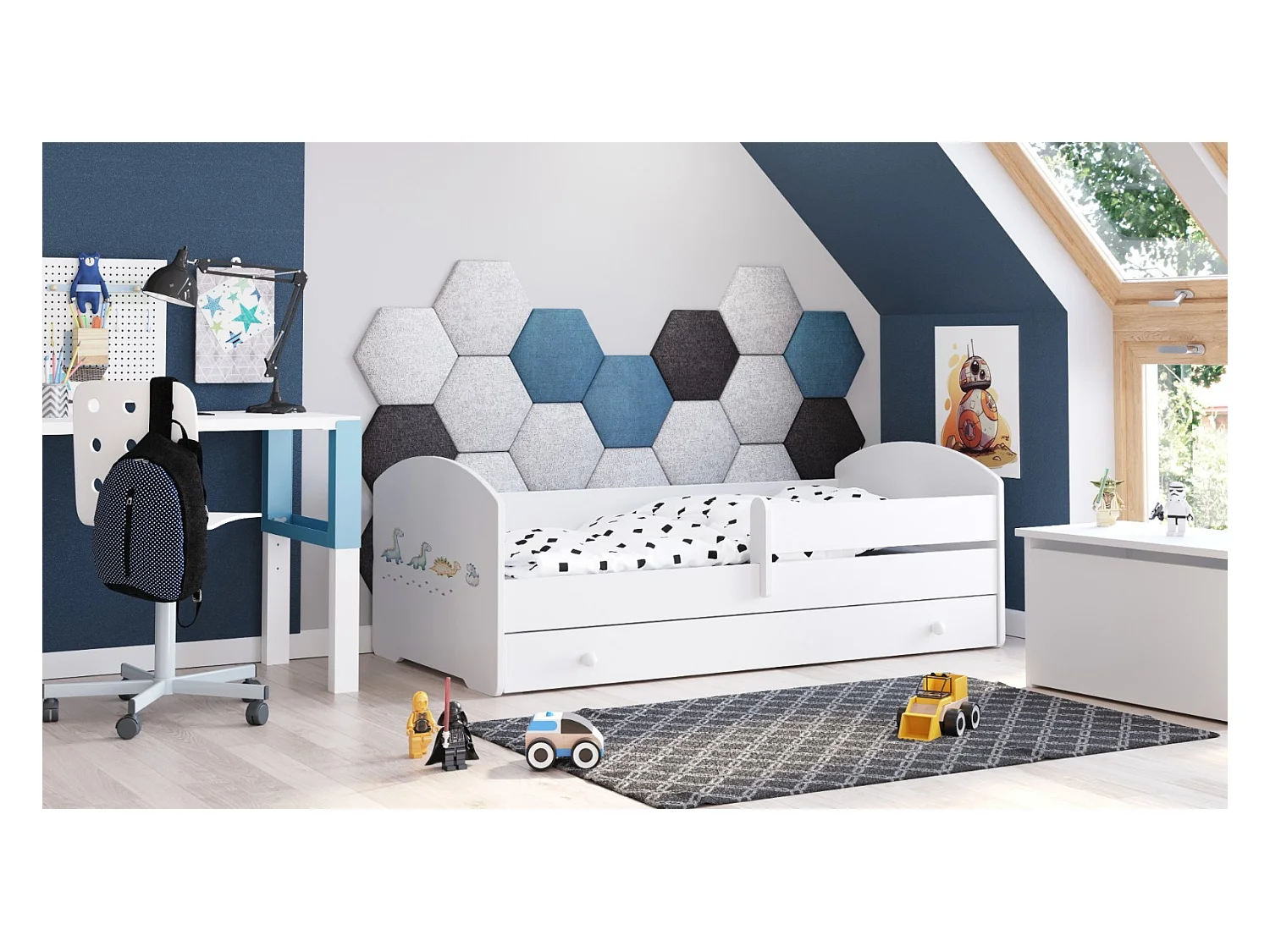 Cama Infantil Blanca Estilo Escandinavo Dibujo Dinosaurios 160x80 cm con Cajón – Incluye Colchón de Espuma, Base y Estructura Completa