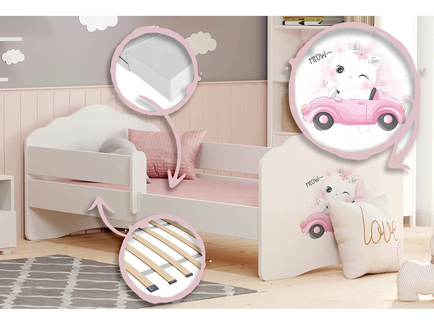 Cama Infantil Blanca 140x70 cm Dibujo Gato con Barandilla – Incluye Colchón de Espuma, Estructura Completa 144x78x65 cm, Diseño Seguro y Funcional