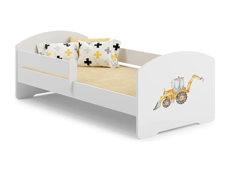 Cama Infantil Blanca 140x70 cm Dibujo Excavadora con Barandilla – Incluye Colchón de Espuma y Estructura Completa, Dimen: 144 cm x77 cm x56 cm