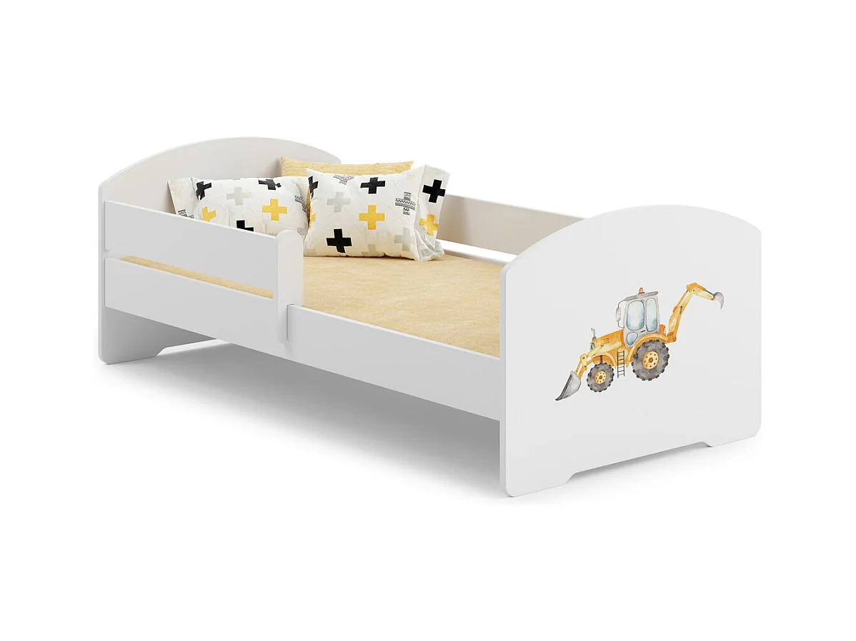 Cama Infantil Blanca 140x70 cm Dibujo Excavadora con Barandilla – Incluye Colchón de Espuma y Estructura Completa, Dimen: 144 cm x77 cm x56 cm