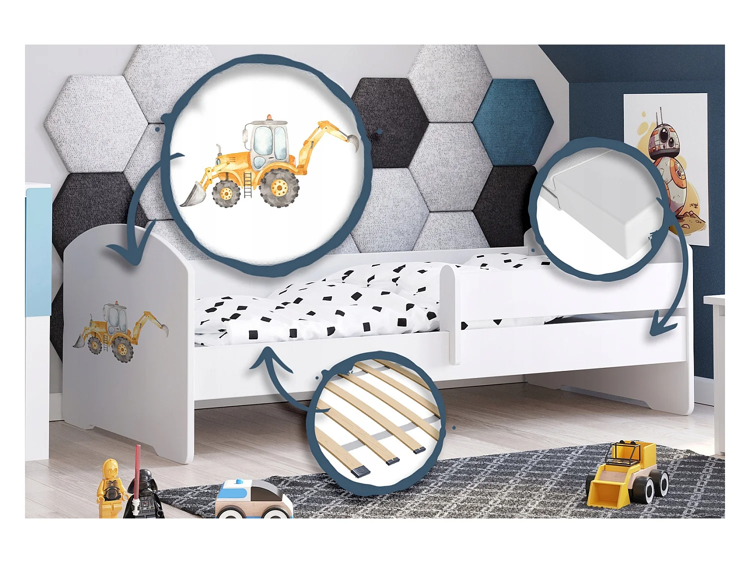 Cama Infantil Blanca 140x70 cm Dibujo Excavadora con Barandilla – Incluye Colchón de Espuma y Estructura Completa, Dimen: 144 cm x77 cm x56 cm