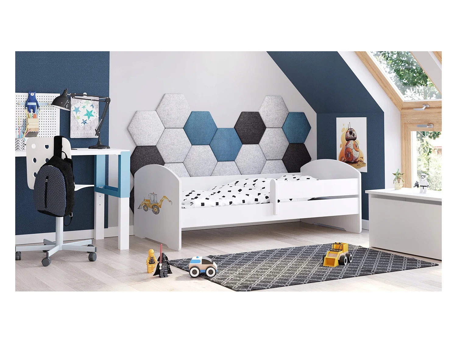 Cama Infantil Blanca 140x70 cm Dibujo Excavadora con Barandilla – Incluye Colchón de Espuma y Estructura Completa, Dimen: 144 cm x77 cm x56 cm