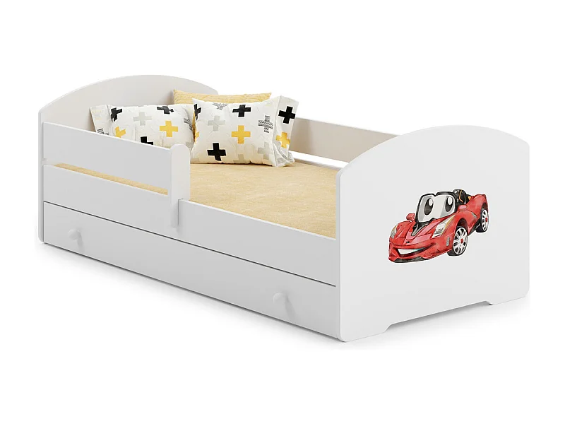 Cama Infantil Blanca Estilo Escandinavo Dibujo Coche 140x70 cm con Cajón – Incluye Colchón de Espuma, Base y Estructura Completa