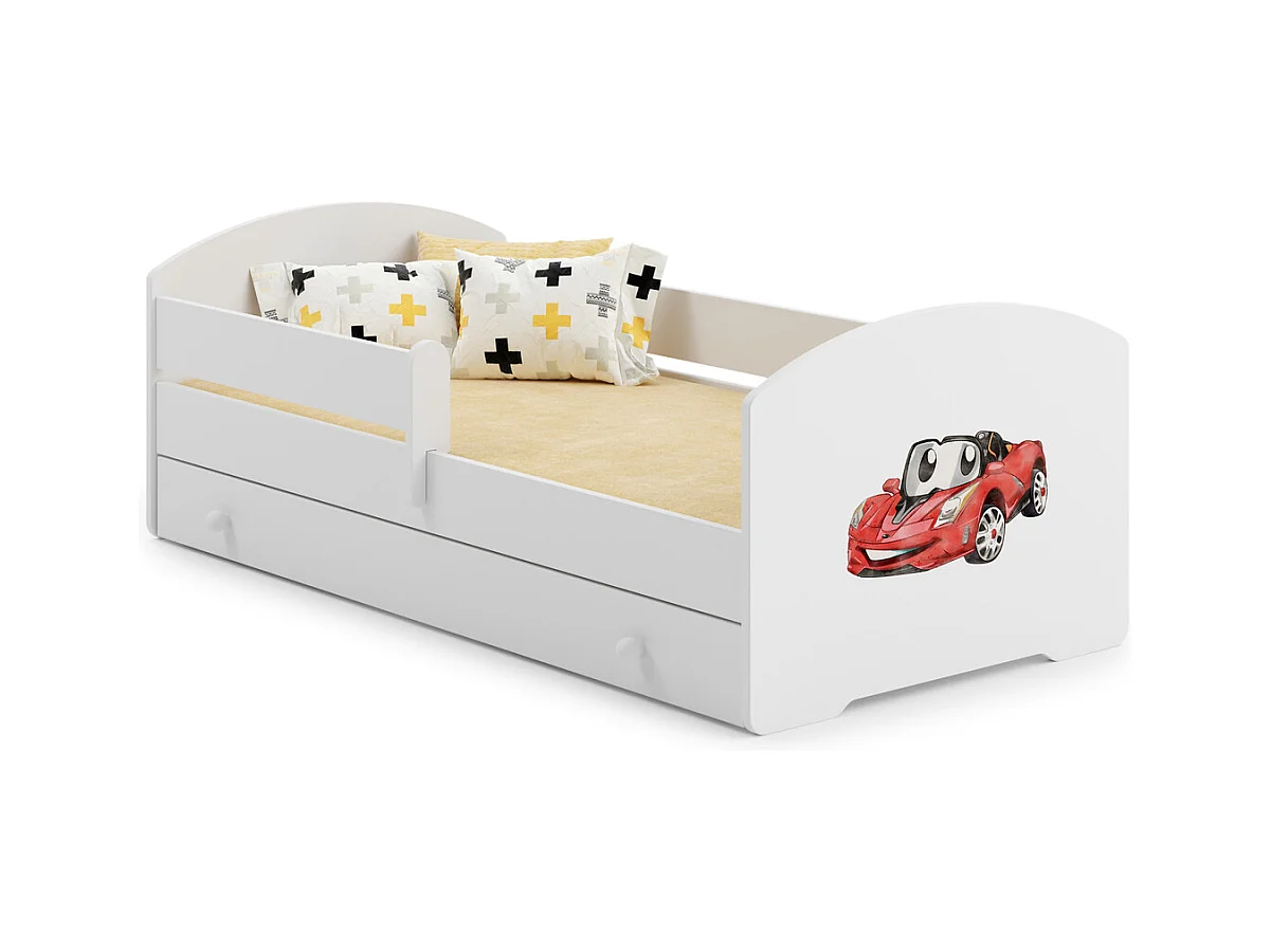 Cama Infantil Blanca Estilo Escandinavo Dibujo Coche 140x70 cm con Cajón – Incluye Colchón de Espuma, Base y Estructura Completa