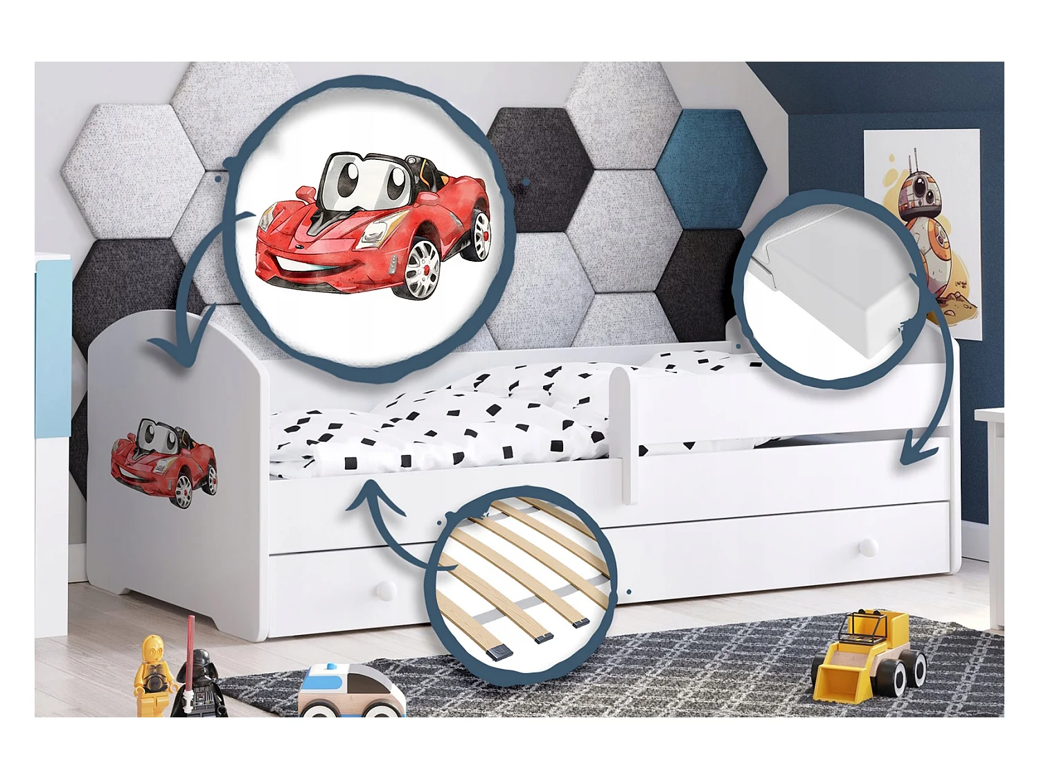 Cama Infantil Blanca Estilo Escandinavo Dibujo Coche 140x70 cm con Cajón – Incluye Colchón de Espuma, Base y Estructura Completa