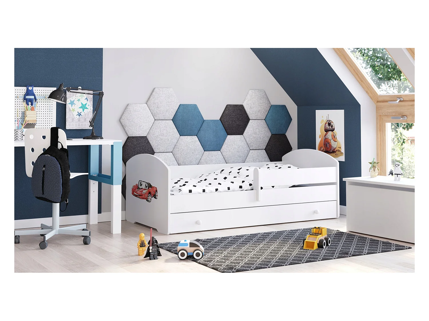 Cama Infantil Blanca Estilo Escandinavo Dibujo Coche 140x70 cm con Cajón – Incluye Colchón de Espuma, Base y Estructura Completa