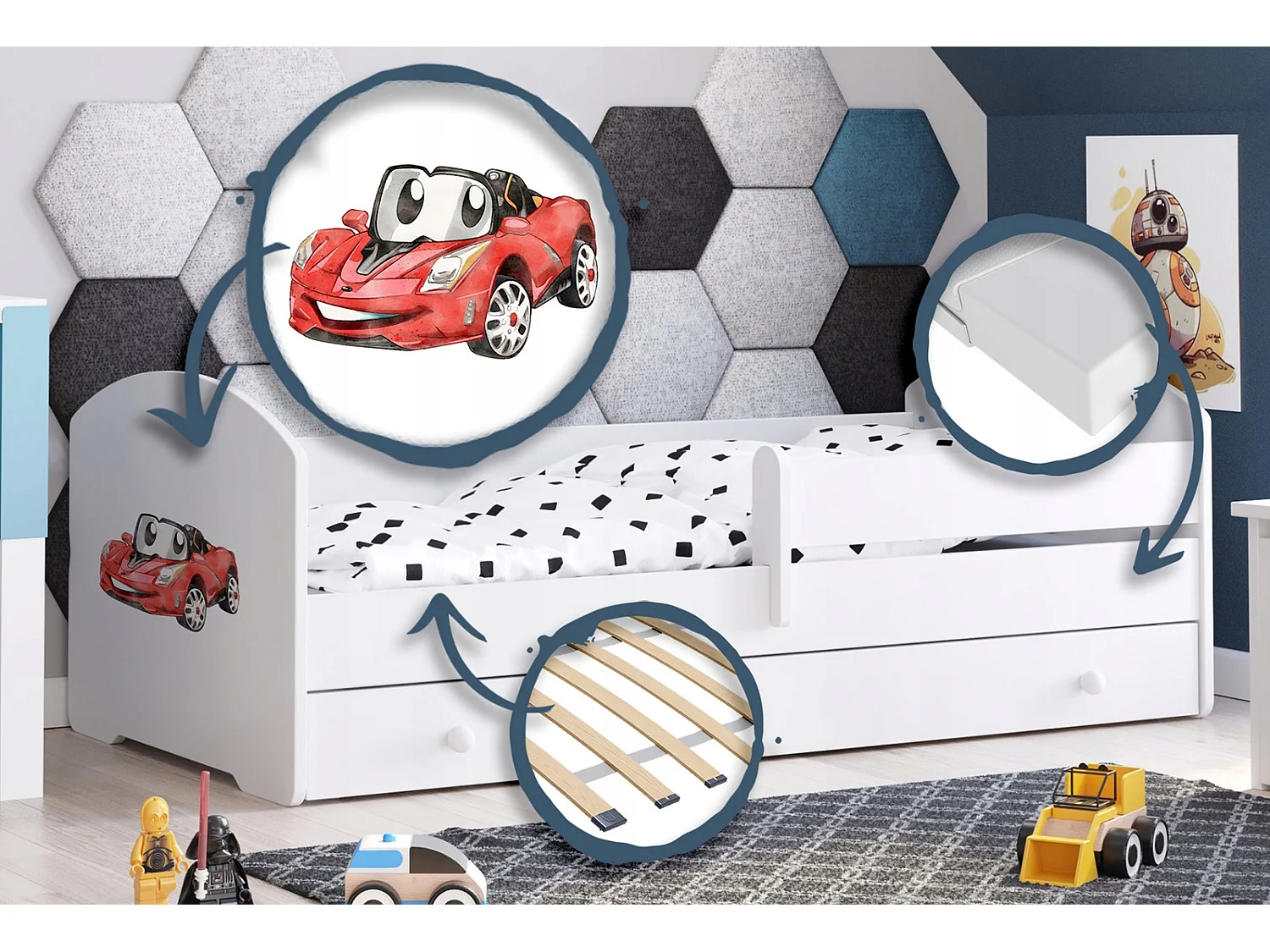 Cama Infantil Blanca Estilo Escandinavo Dibujo Coche 140x70 cm con Cajón – Incluye Colchón de Espuma, Base y Estructura Completa