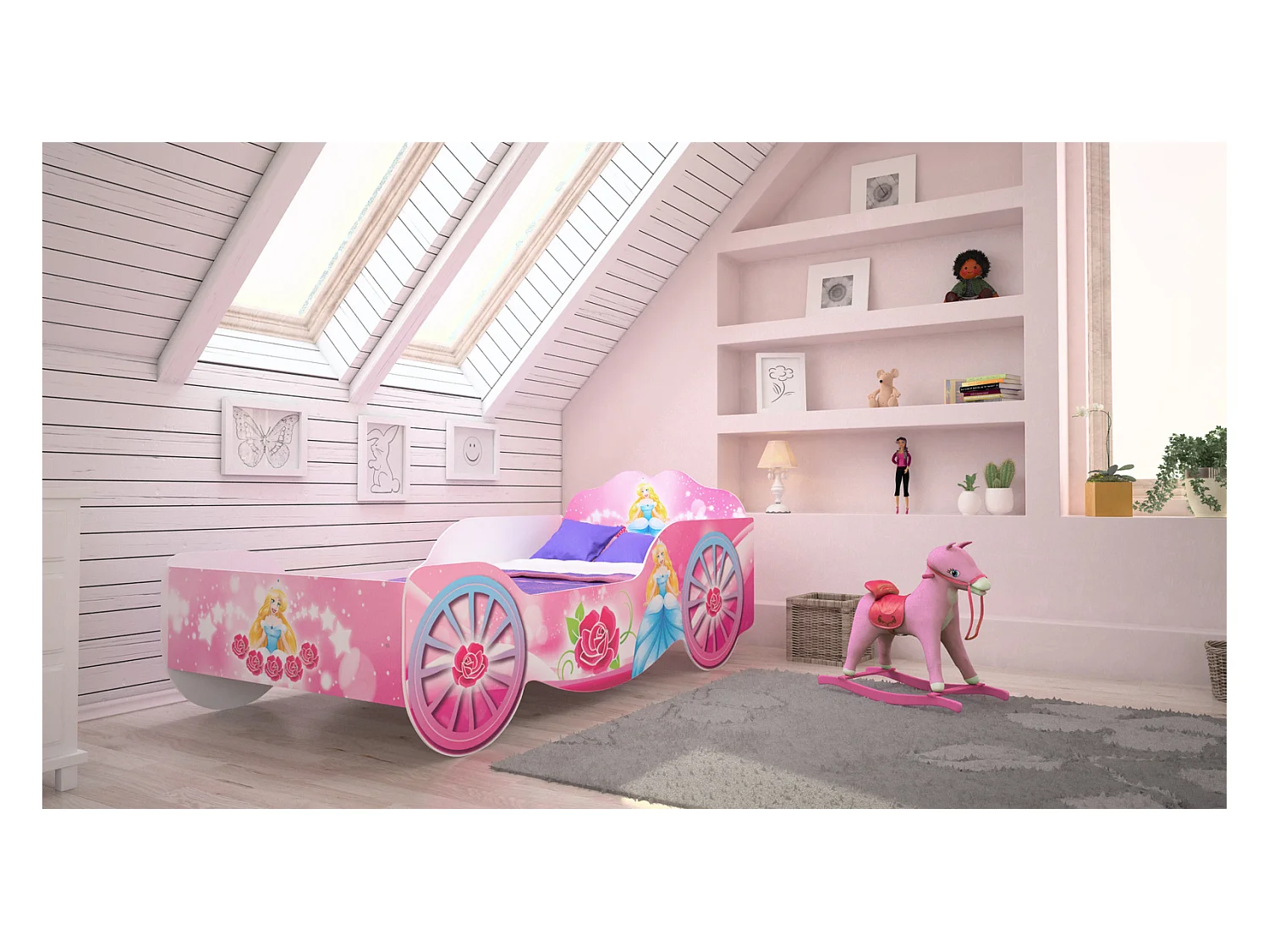 Cama Infantil 160x80 cm Color Rosa con forma de Carruaje – Incluye Colchón de Espuma 160x80x7 cm, Estructura 165x84x64 cm , Diseño Seguro