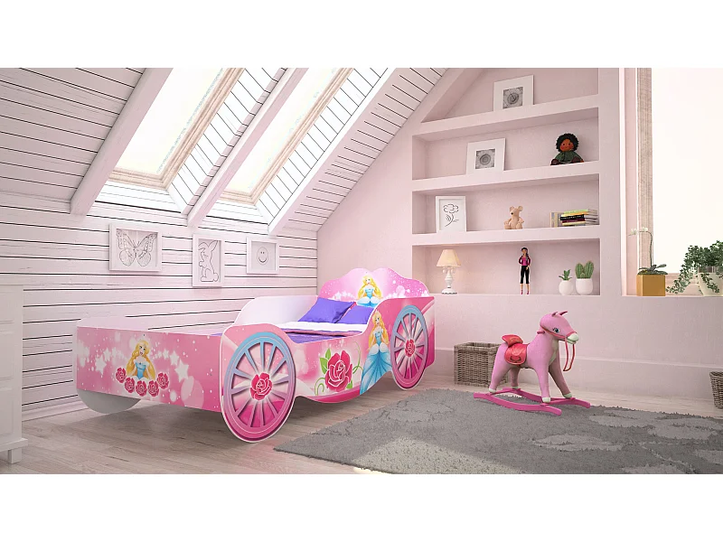 Cama Infantil 160x80 cm Color Rosa con forma de Carruaje – Incluye Colchón de Espuma 160x80x7 cm, Estructura 165x84x64 cm , Diseño Seguro