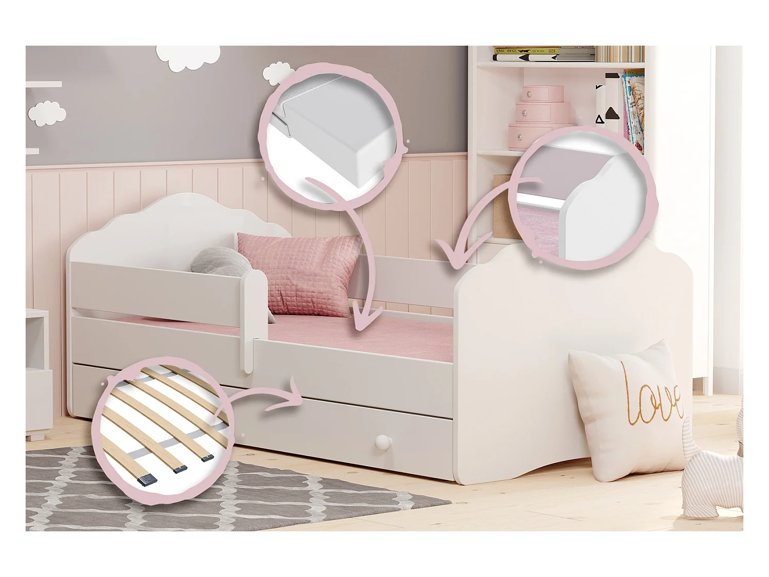 Cama Infantil Blanca 160x80 cm con Cajón y Barandilla – Incluye Colchón de Espuma, Estructura Completa 164x88x63 cm, Diseño Seguro y Compacto