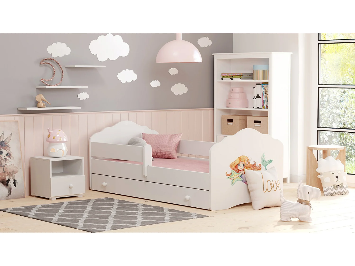 Cama Infantil Blanca 160x80 cm Dibujo Sirena con Cajón y Barandilla – Incluye Colchón de Espuma, Estructura Completa 164x88x63 cm, Diseño Seguro y Com