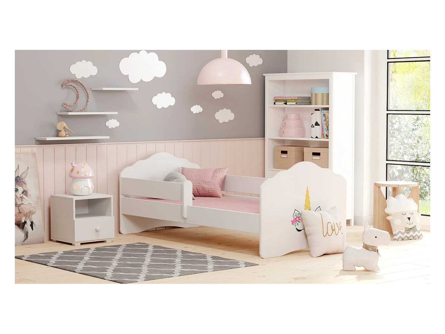 Cama Infantil Blanca 160x80 cm Dibujo Unicornio – Incluye Colchón de Espuma, Estructura Completa 164 cm x 84 cm x 63 cm, Diseño Seguro y Funcional