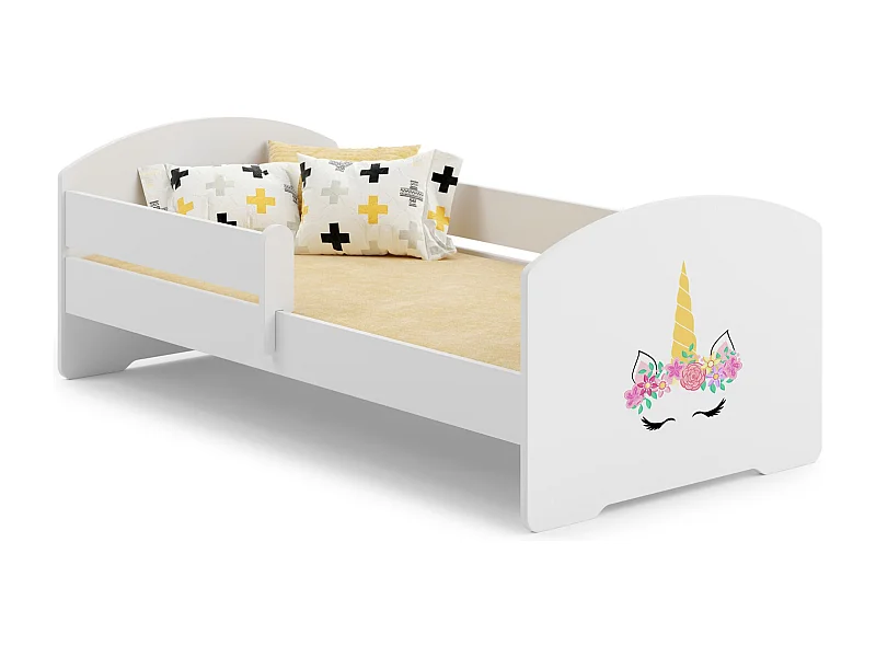 Cama Infantil Blanca 140x70 cm Dibujo Unicornio con Barandilla – Incluye Colchón de Espuma y Estructura Completa, Dimensiones 144 cm x77 cm x56 cm