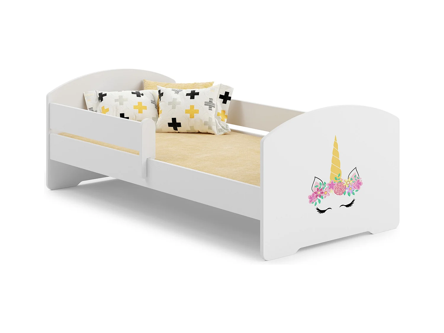 Cama Infantil Blanca 140x70 cm Dibujo Unicornio con Barandilla – Incluye Colchón de Espuma y Estructura Completa, Dimensiones 144 cm x77 cm x56 cm